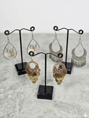 Set of 3 Boho Statement Earrings | Silver & Gold Chandelier & Shell Drop
